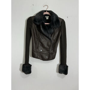 Womans Cache Moto Sweater Jacket Brown Lined Snap Front Closure Wool Blend Xs